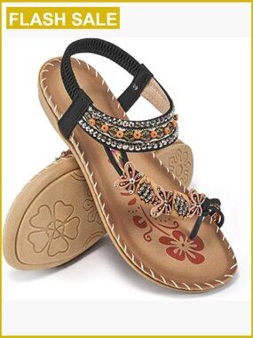 Boho Beaded Toe Ring Flat Sandals - Cushioned Slip-On Summer Shoes, Lightweight